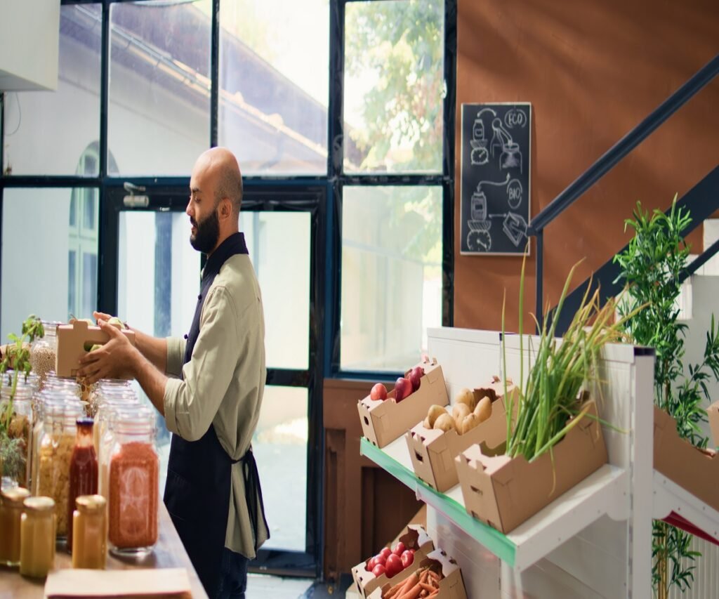 Couple supporting local merchant by buying eco freshly harvested fruits and vegetables, looking for natural items in zero waste supermarket. Small business owner greeting buyers with samples.